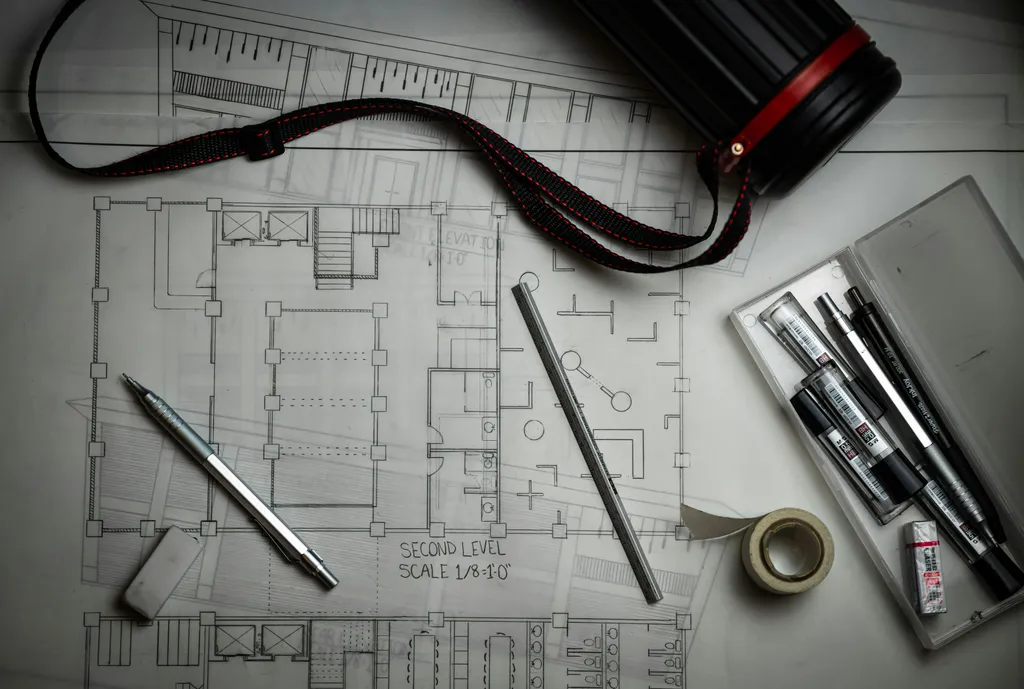Architect reviewing planning drawings at a desk