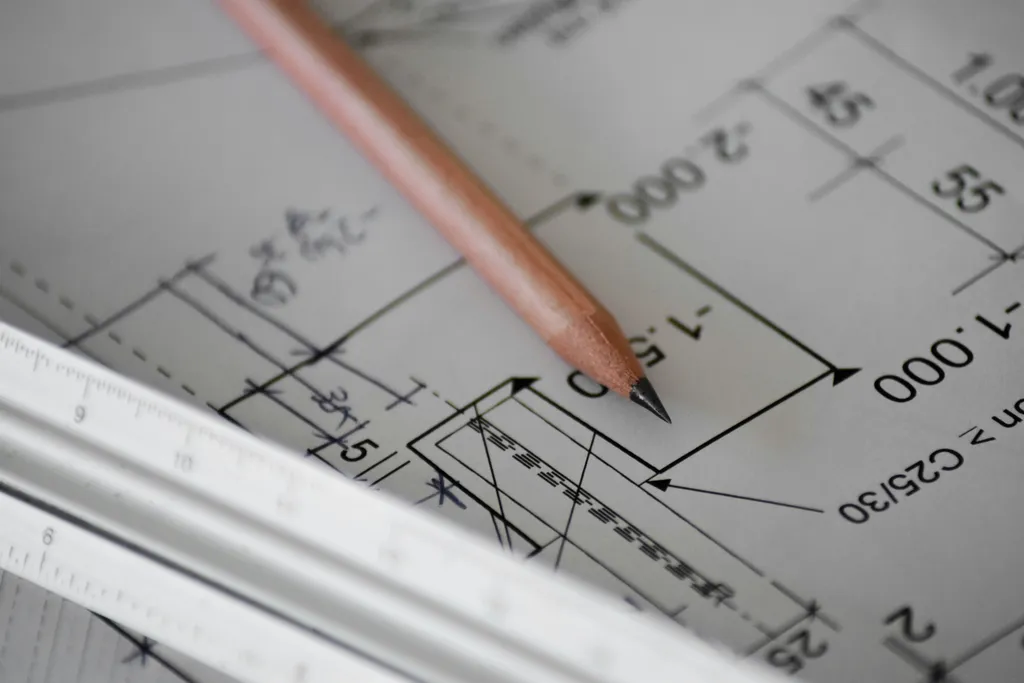 Blueprint and construction drawings on a planning desk