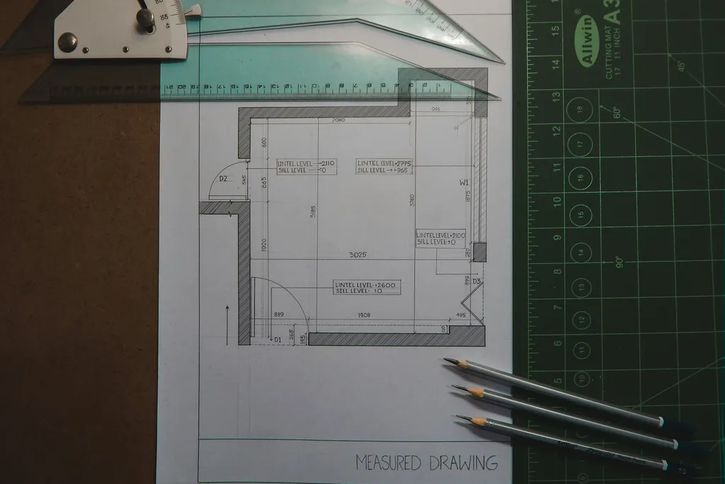 Architectural plans and drawings on a drafting table